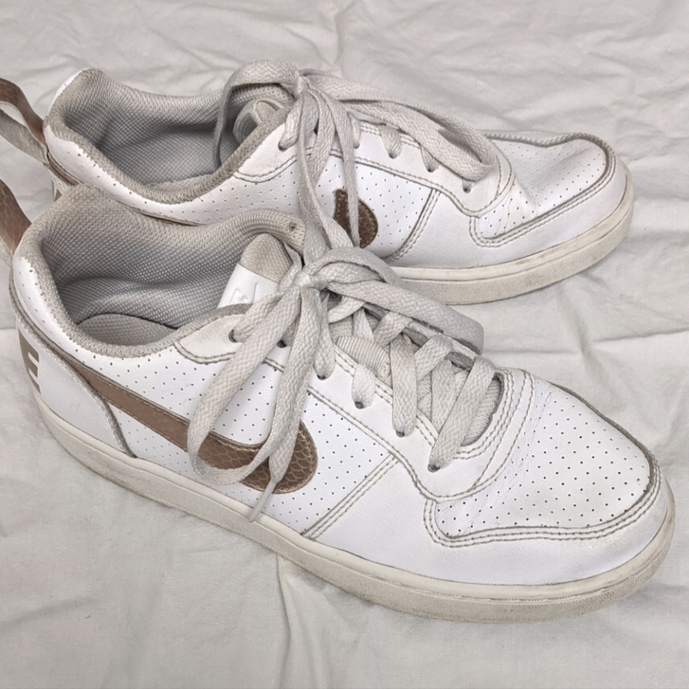 White and gold Nike low Jordans